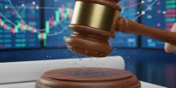 Federal Reserve gavel on financial documents amidst volatile market charts.