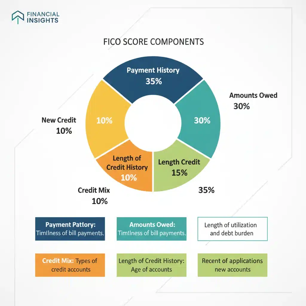 Infographic detailing the five key components of a FICO score calculation