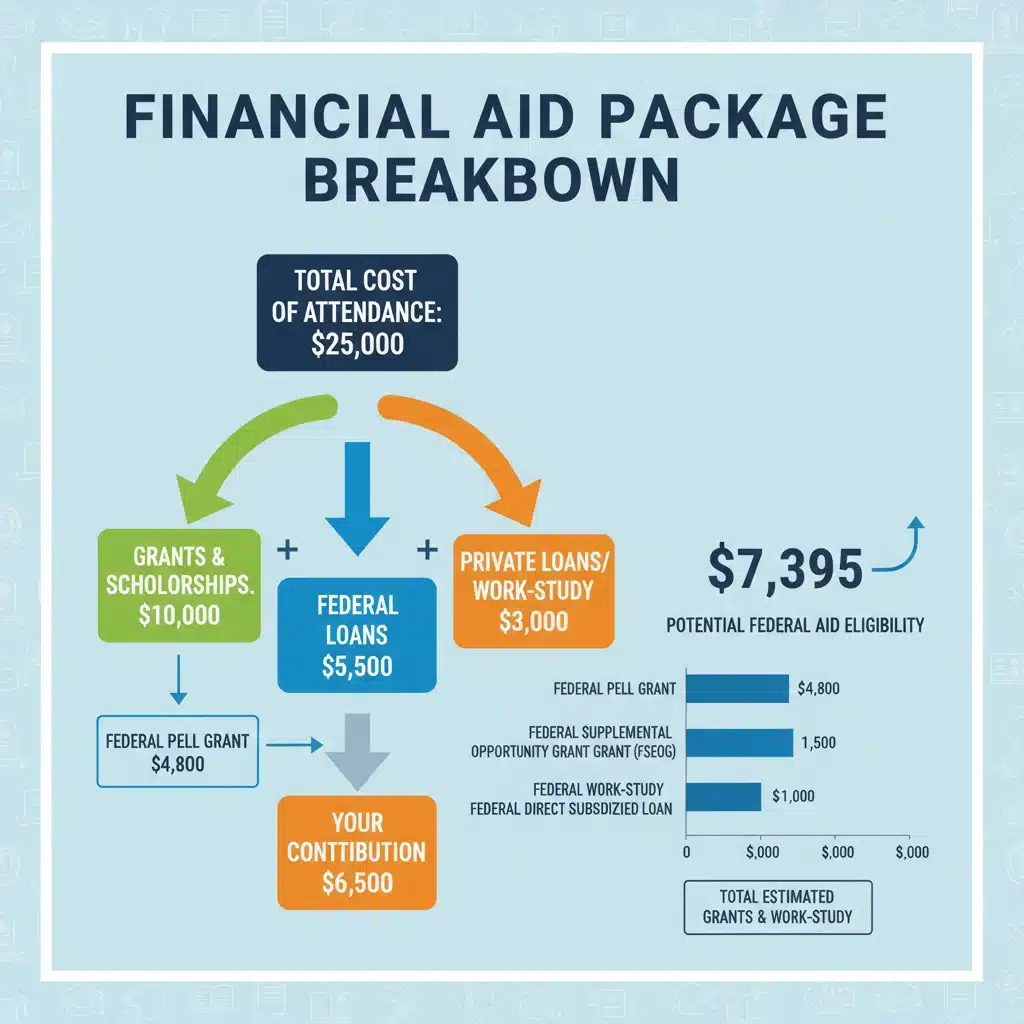 Detailed breakdown of a student financial aid package with grants, scholarships, and loans.