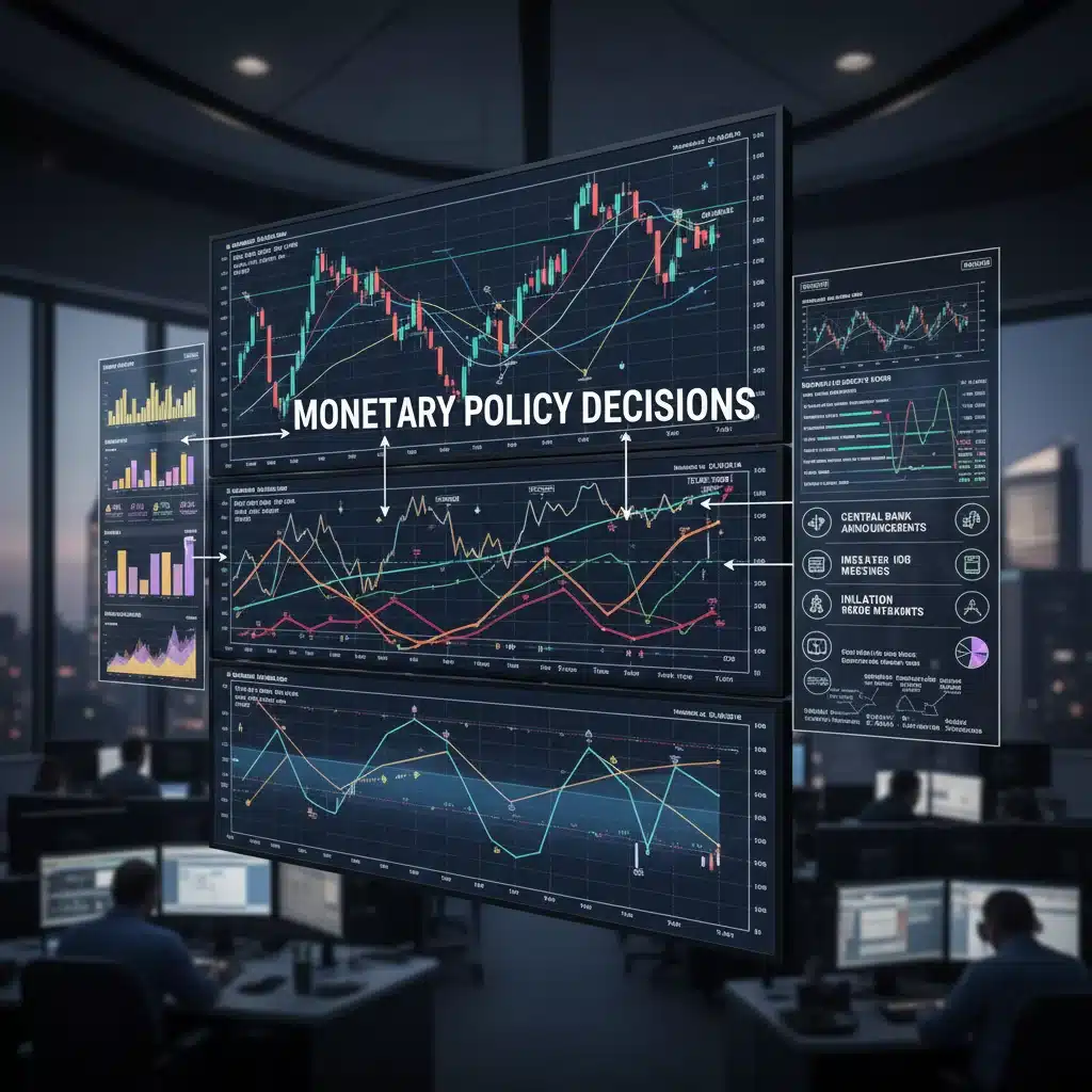 Financial charts showing stock market, interest rates, and monetary policy decisions