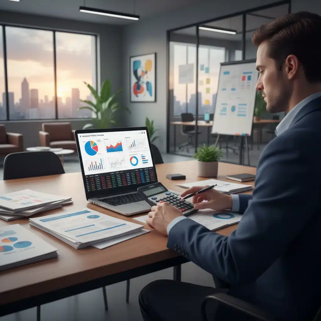 Individual calculating investment returns and fees on a laptop, emphasizing proactive financial management.