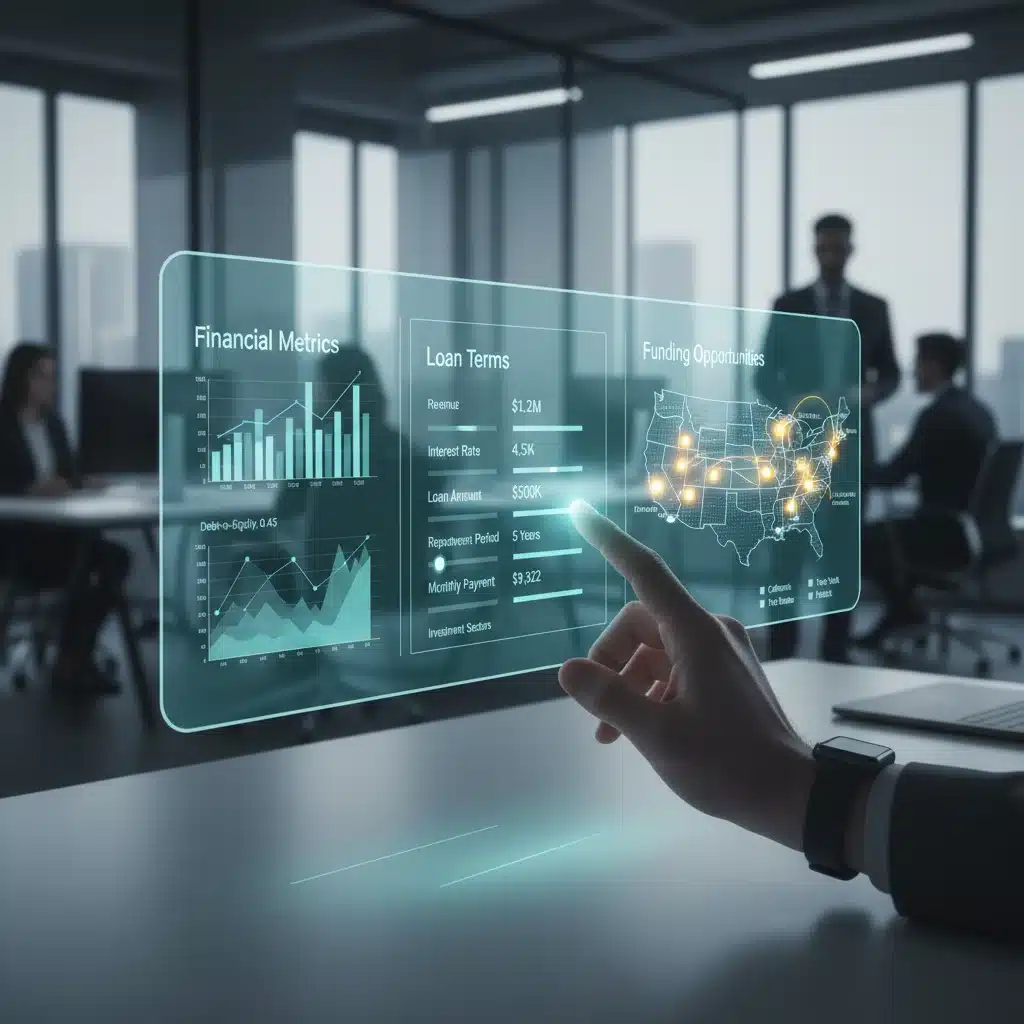 Hand interacting with holographic financial data and loan options, representing advanced fintech lending platforms.
