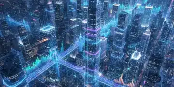 Futuristic cityscape with AI neural networks and financial data streams, representing technology investment and business efficiency.