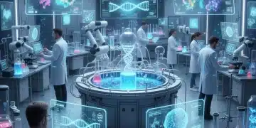 Futuristic biotech lab with scientists and advanced research equipment
