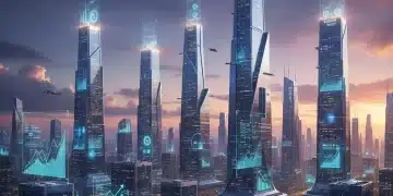 Futuristic cityscape with glowing digital economic projections for 2026
