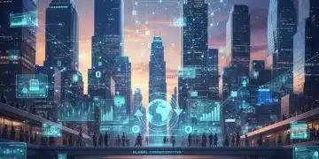 Consumer Behavior 2026: 4 Emerging Trends Businesses Must Capitalize On Futuristic cityscape with digital overlays showing consumer data and interconnectedness, representing emerging market trends.