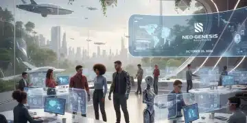 Futuristic office collaboration with diverse employees and advanced tech