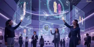 Futuristic retail store with holographic displays and AR shopping experiences.
