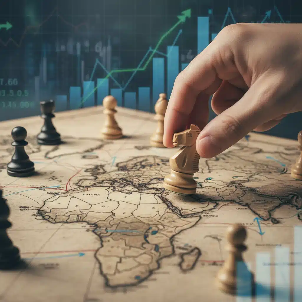 Strategic chess move on a world map, representing geopolitical risk management.