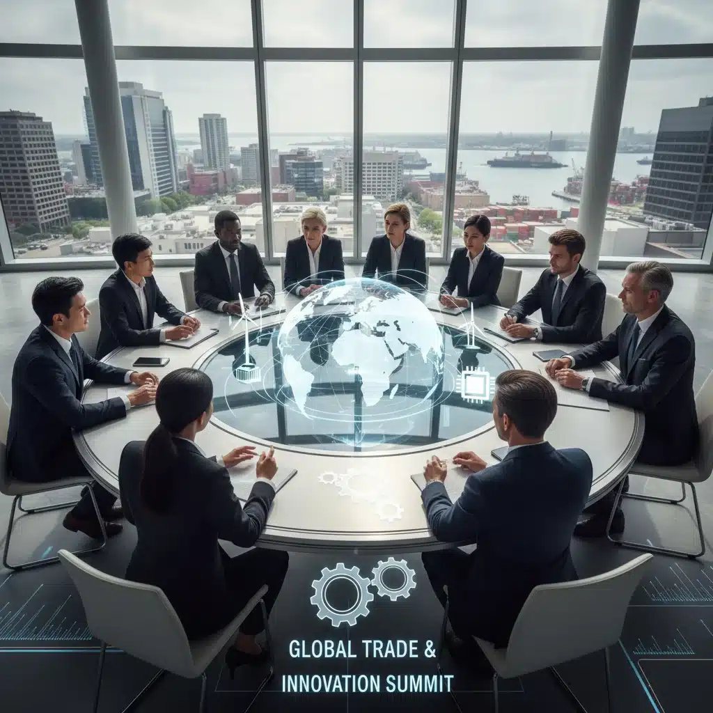 International business professionals collaborating on economic strategies and global trade