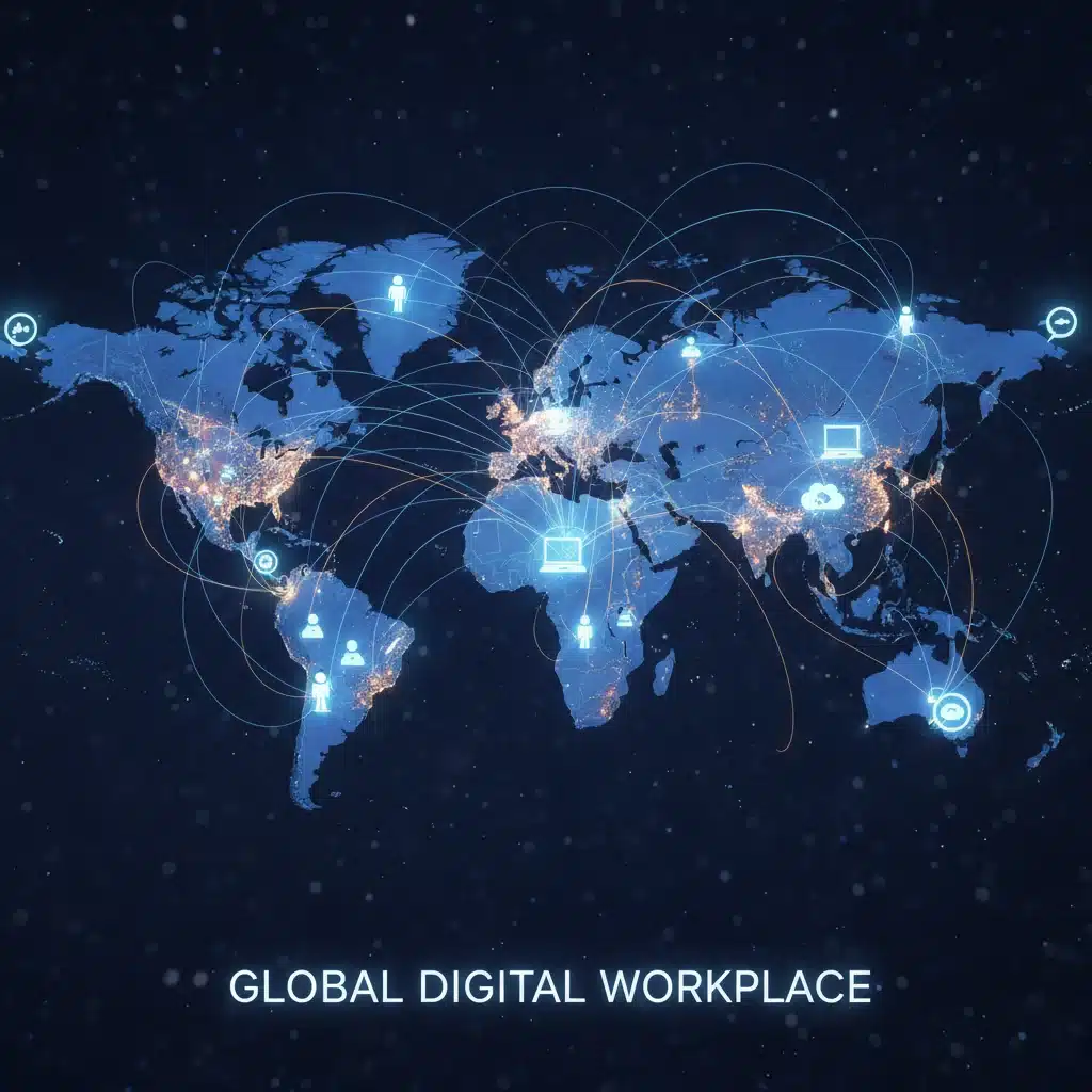 Global interconnected remote teams collaborating digitally