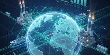 Global supply chain network with digital overlay showing reduced disruptions and economic growth.