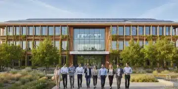 Modern green office building with solar panels and diverse employees, symbolizing sustainable business success.