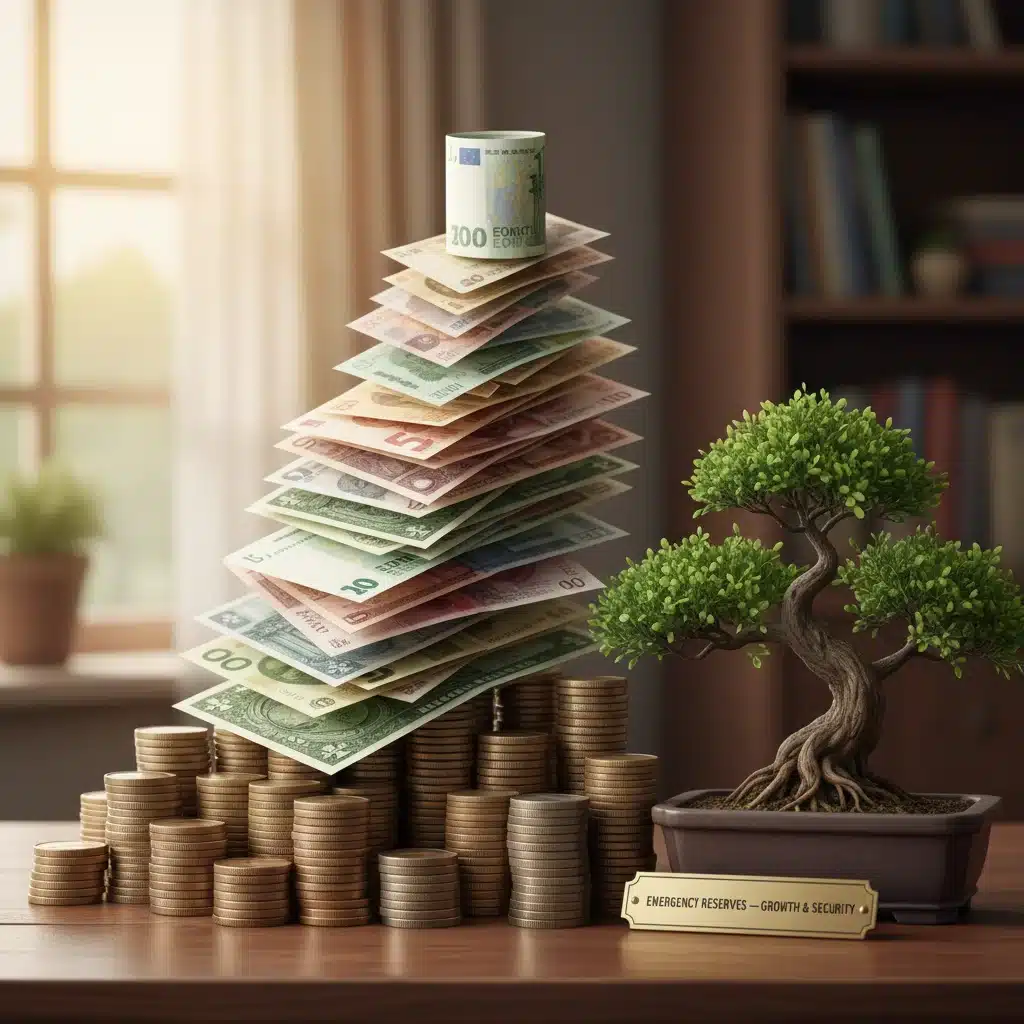 Stack of coins and banknotes representing growing emergency fund