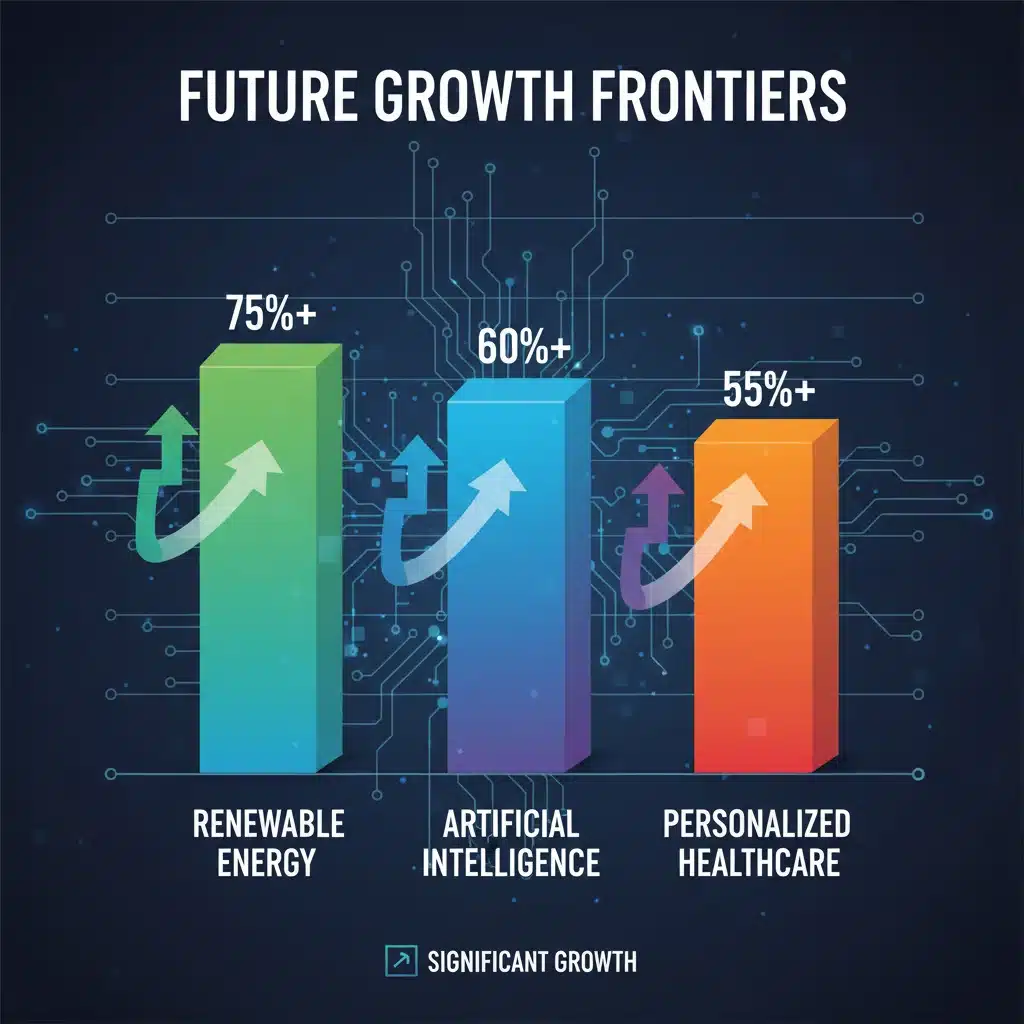 Infographic displaying growth projections for renewable energy, AI, and personalized healthcare sectors