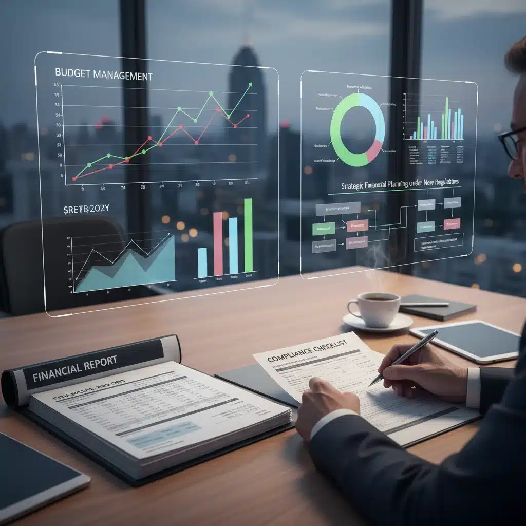 Healthcare executive analyzing financial reports and compliance checklists