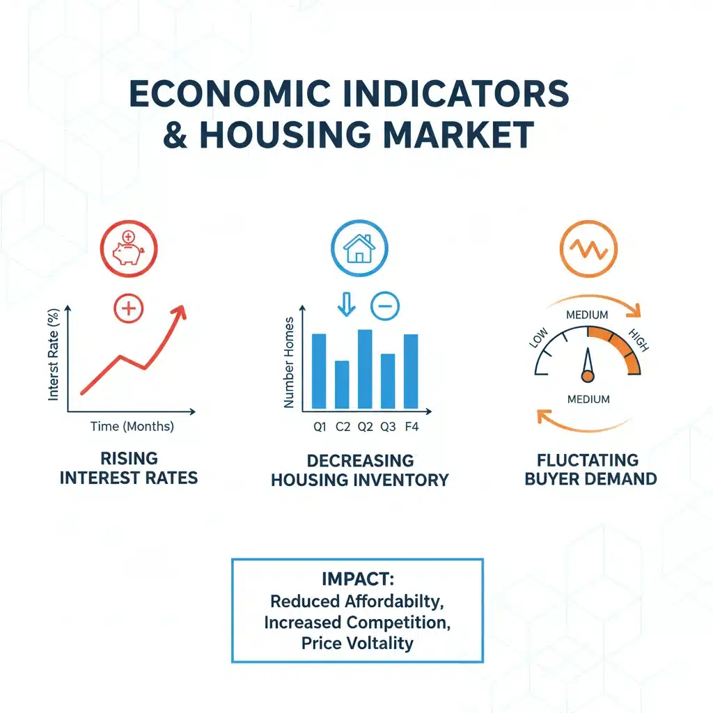 Infographic showing economic indicators impacting the 2026 US housing market
