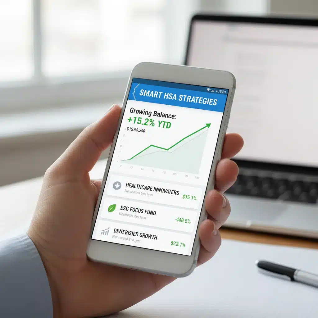 Smartphone screen showing an investment portfolio for an HSA, illustrating investment growth and diversification.