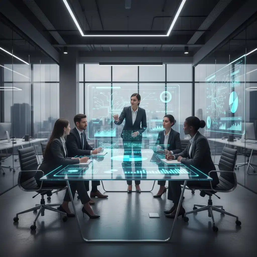 Business professionals collaborating with holographic displays showcasing AI-powered predictive analytics and decision-making tools.
