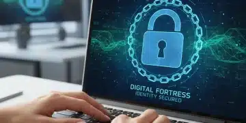 Hands typing on laptop with digital padlock for identity theft protection