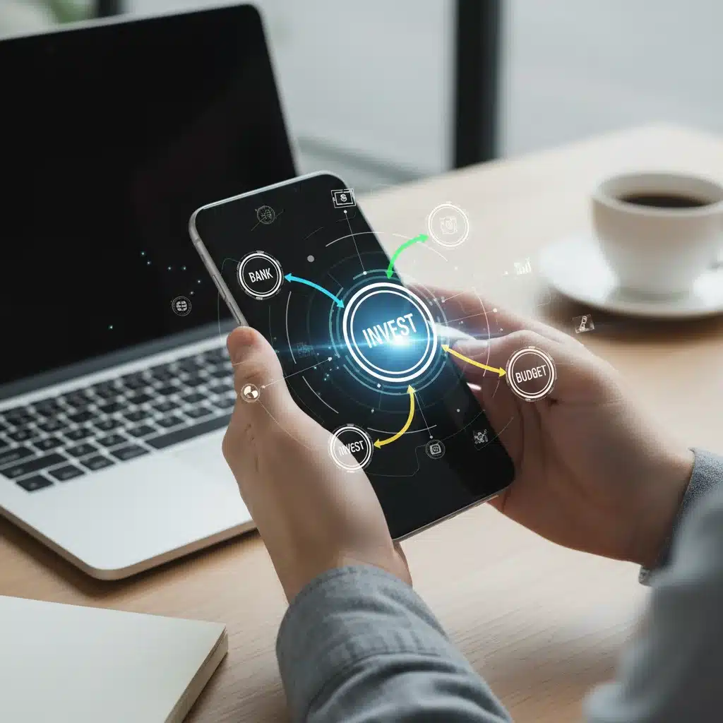 Smartphone displaying interconnected financial apps for automated money management.