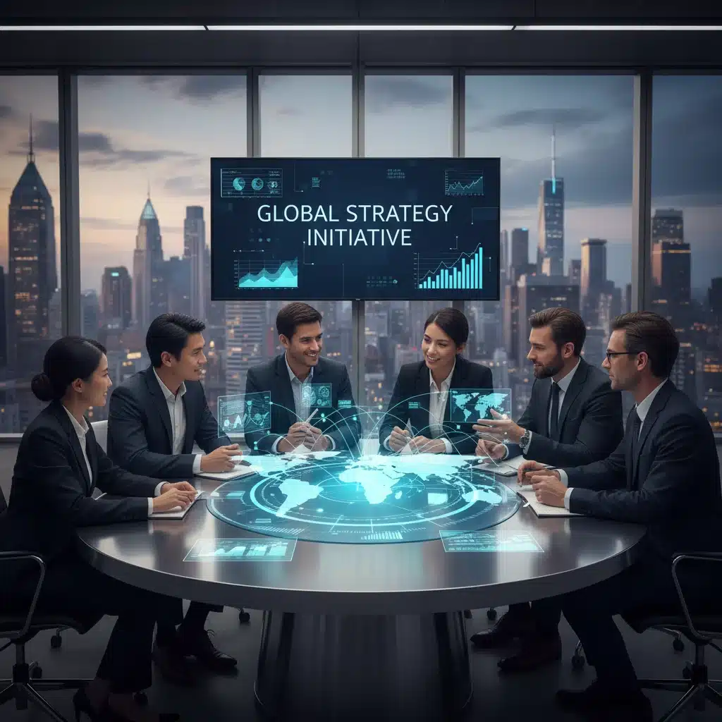 International business team analyzing global economic data projections.
