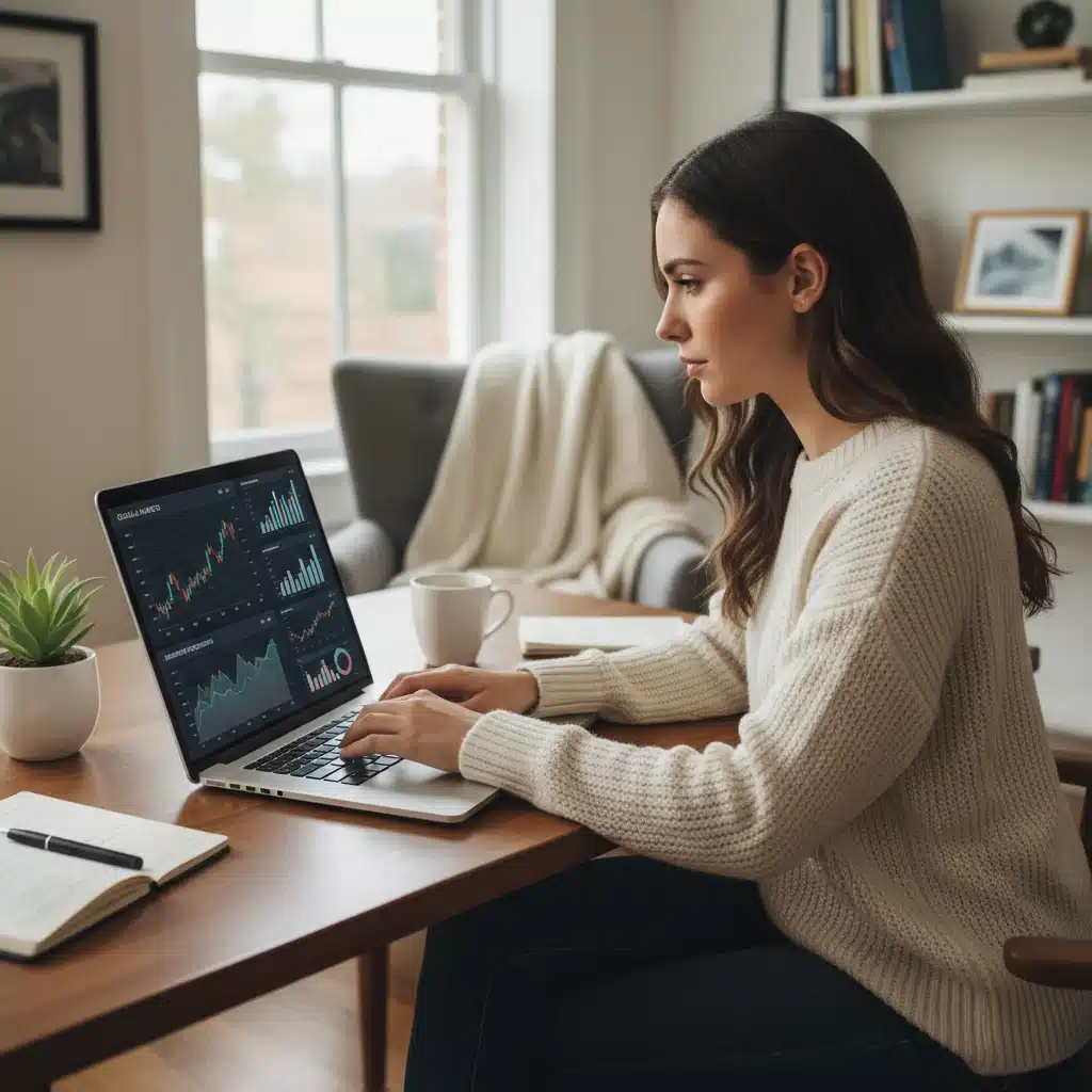Individual researching investment options on a laptop in a home office setting, showing financial growth.