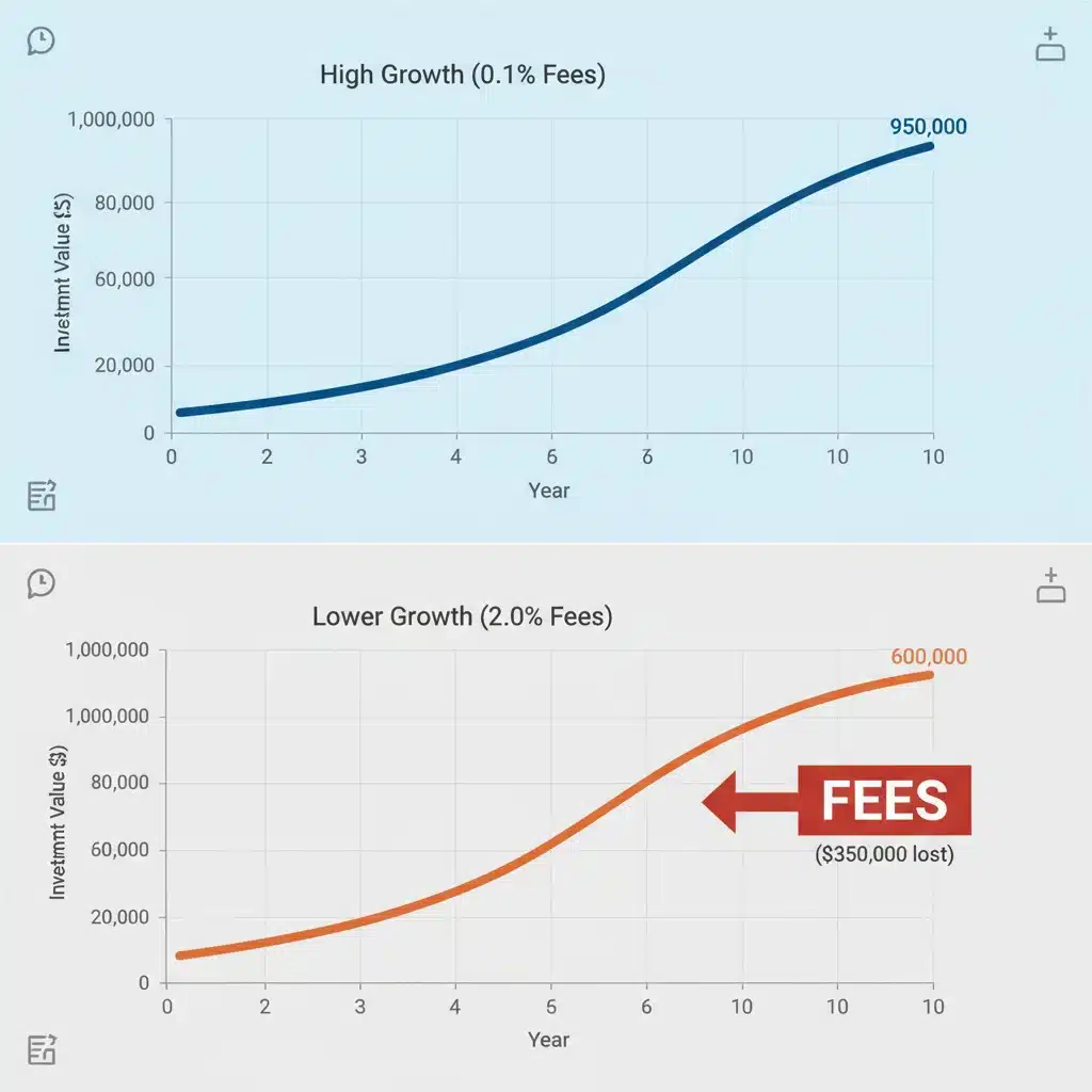 Comparison of two investment growth charts, one with low fees showing higher returns, the other with high fees showing lower returns.