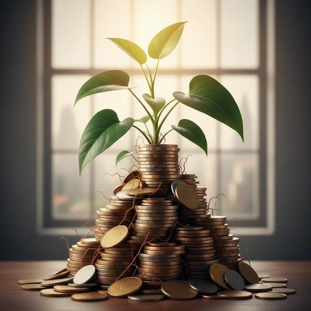 Plant growing from coins, symbolizing investment growth