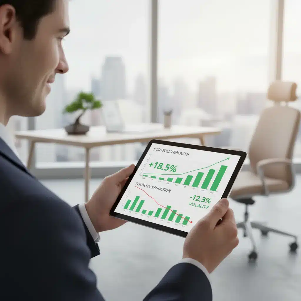 Investor reviewing financial dashboard showing portfolio growth and risk reduction