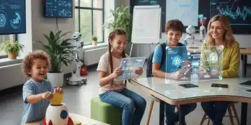 Children learning about money management and personal finance in a modern educational setting.