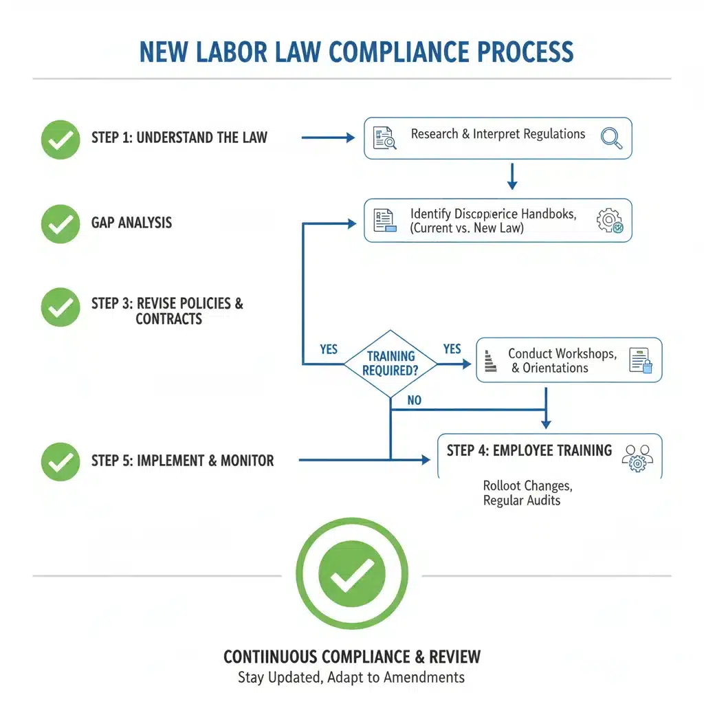 Compliance checklist for new labor laws, showing steps and progress