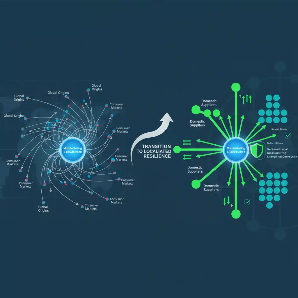 Graphic illustrating the transformation from global to localized, resilient domestic supply chains.