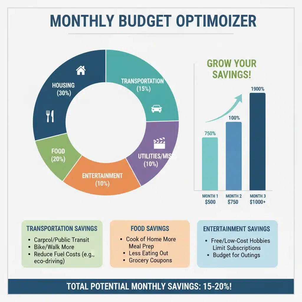 Infographic illustrating a detailed monthly budget breakdown with clear savings opportunities.