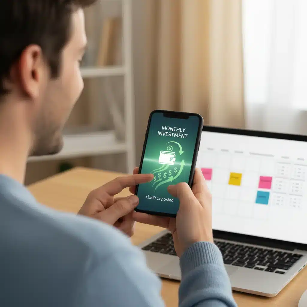 Person making a 0 monthly deposit into an investment account on a smartphone.