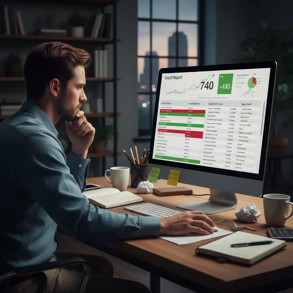 Individual reviewing a detailed credit report on a computer screen, analyzing financial data