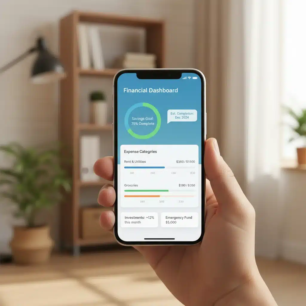 Smartphone displaying a personal budgeting app for tracking expenses and savings