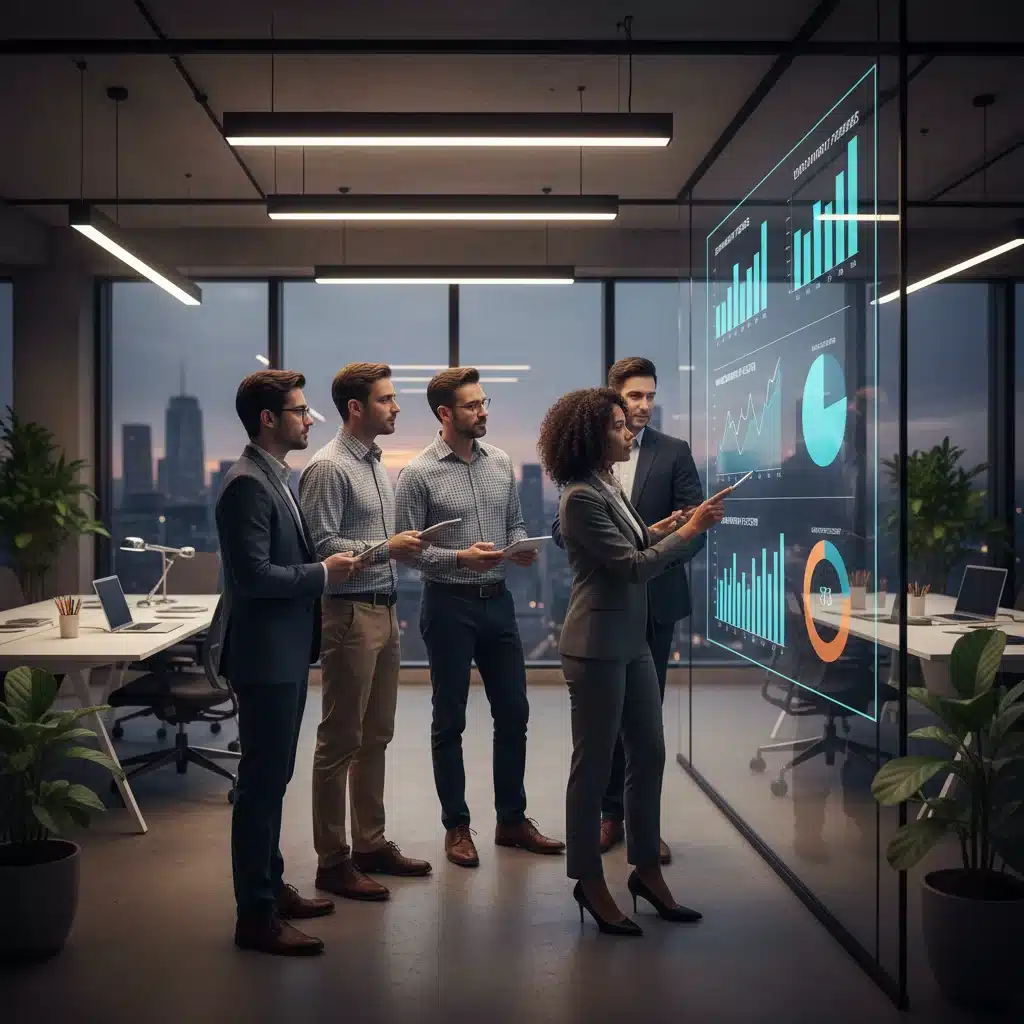 Professionals analyzing employment data and economic metrics in a modern office