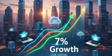 Futuristic digital infographic showing 7% tech sector growth projection for Q1 2026