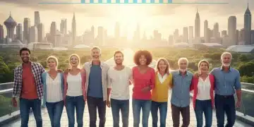 Diverse group happily looking towards a prosperous retirement horizon with financial growth symbols.