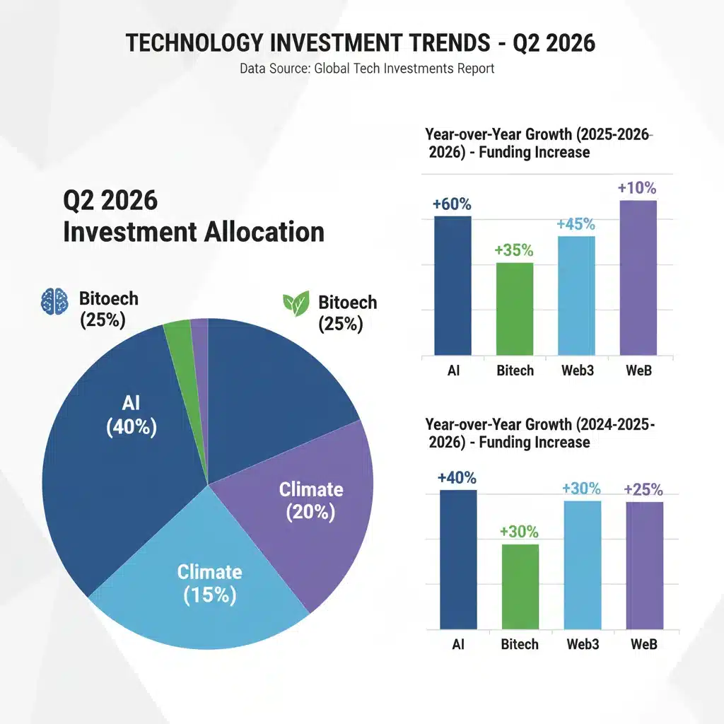 Infographic displaying venture capital investment allocation across key sectors like AI, Biotech, and Climate Tech in Q2 2026.