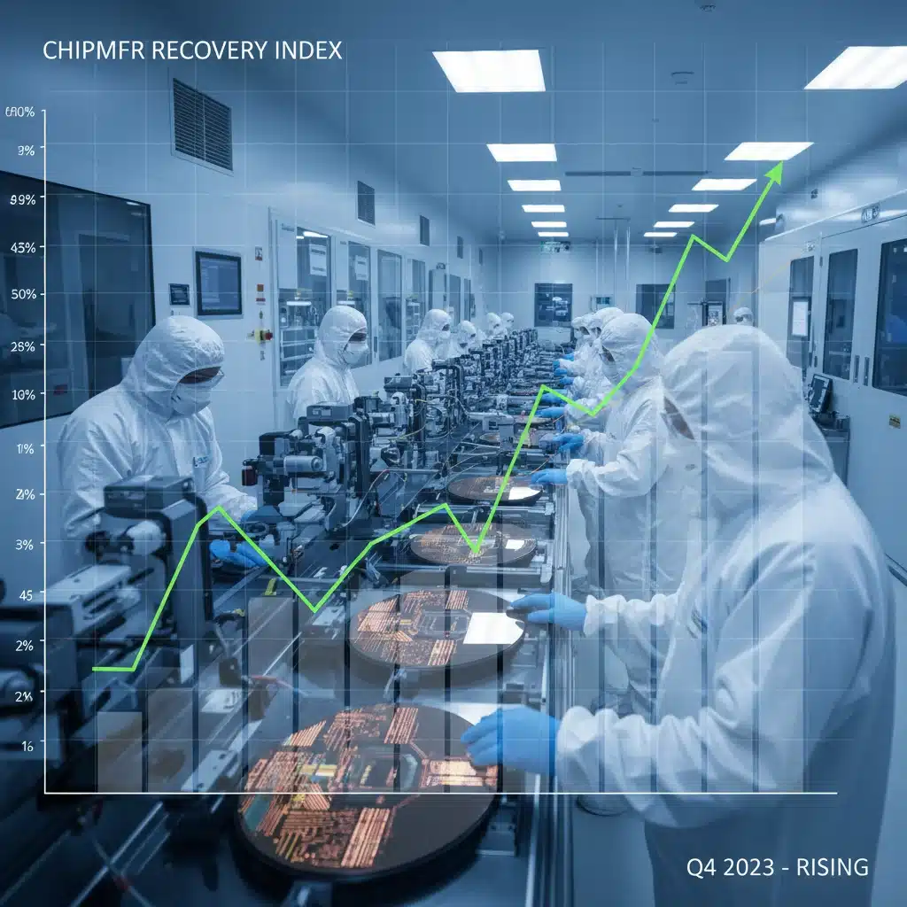 Stock market performance chart with semiconductor manufacturing facility background