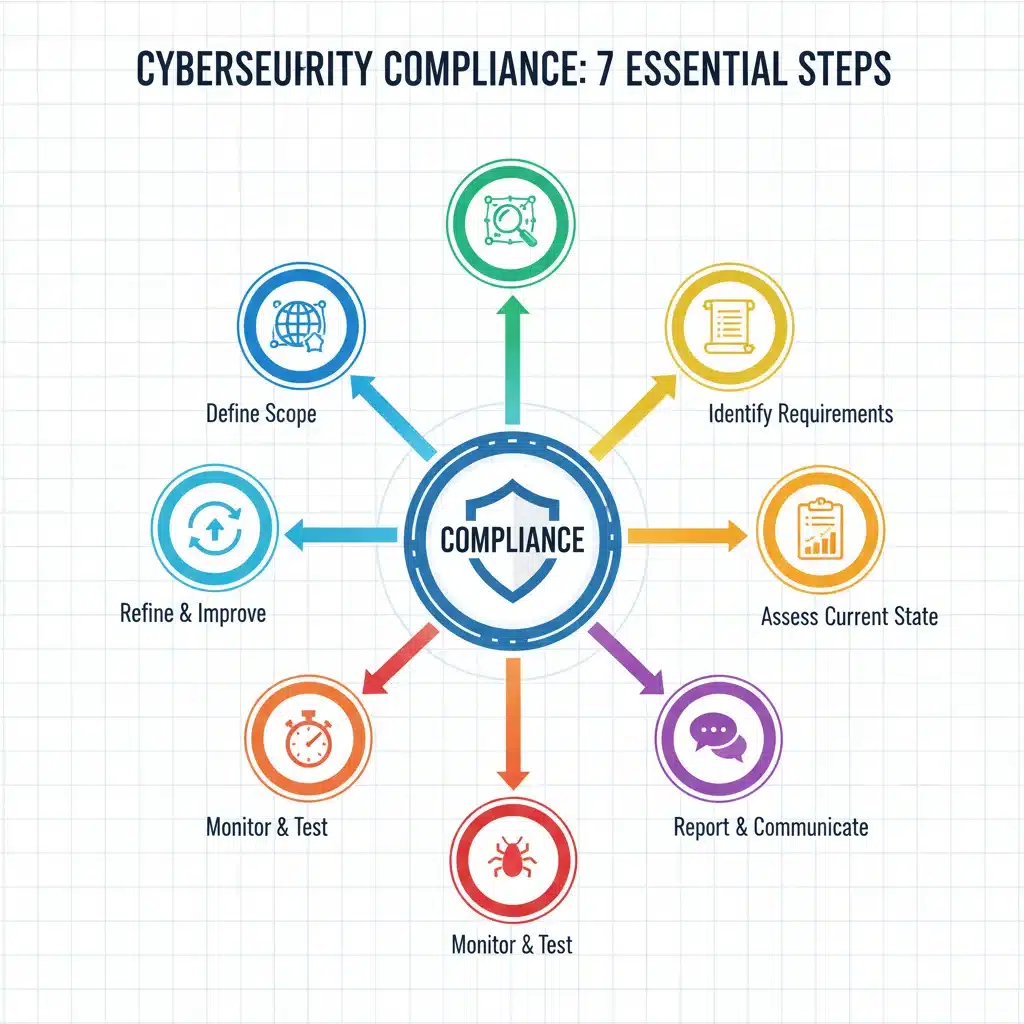 Infographic showing seven steps for cybersecurity compliance and data protection
