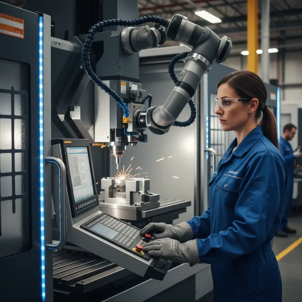 Skilled American worker operating high-tech manufacturing machinery, emphasizing precision and quality.