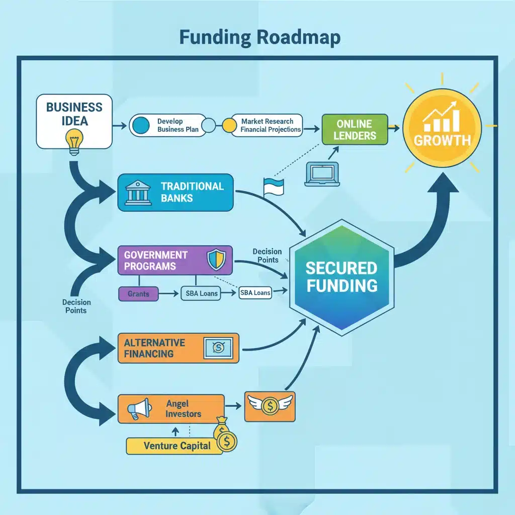 Infographic illustrating diverse funding pathways for small businesses, from idea to growth, including traditional, online, and government options.