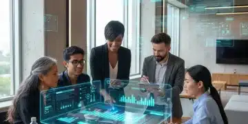 Diverse small business owners discussing loan options on a digital tablet in a modern co-working space, symbolizing future small business lending.