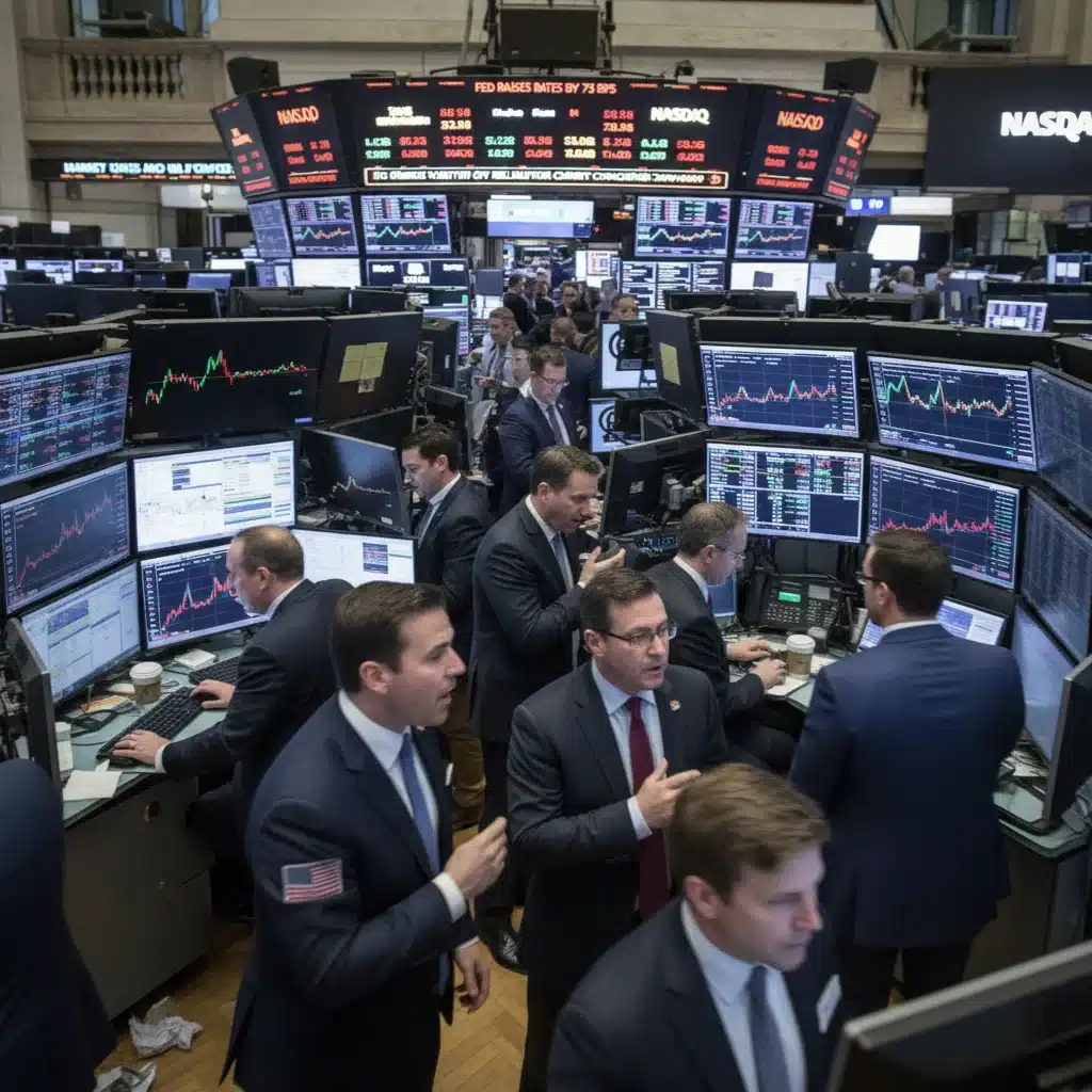 Stock exchange traders reacting to market data and Federal Reserve news.