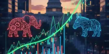 Stock market chart with political symbols showing post-election trends