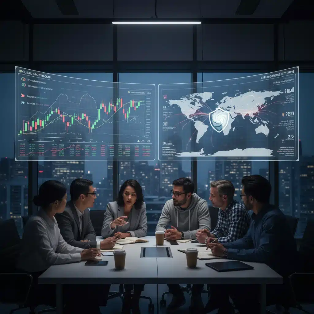 Team analyzing stock market data and cybersecurity intelligence.