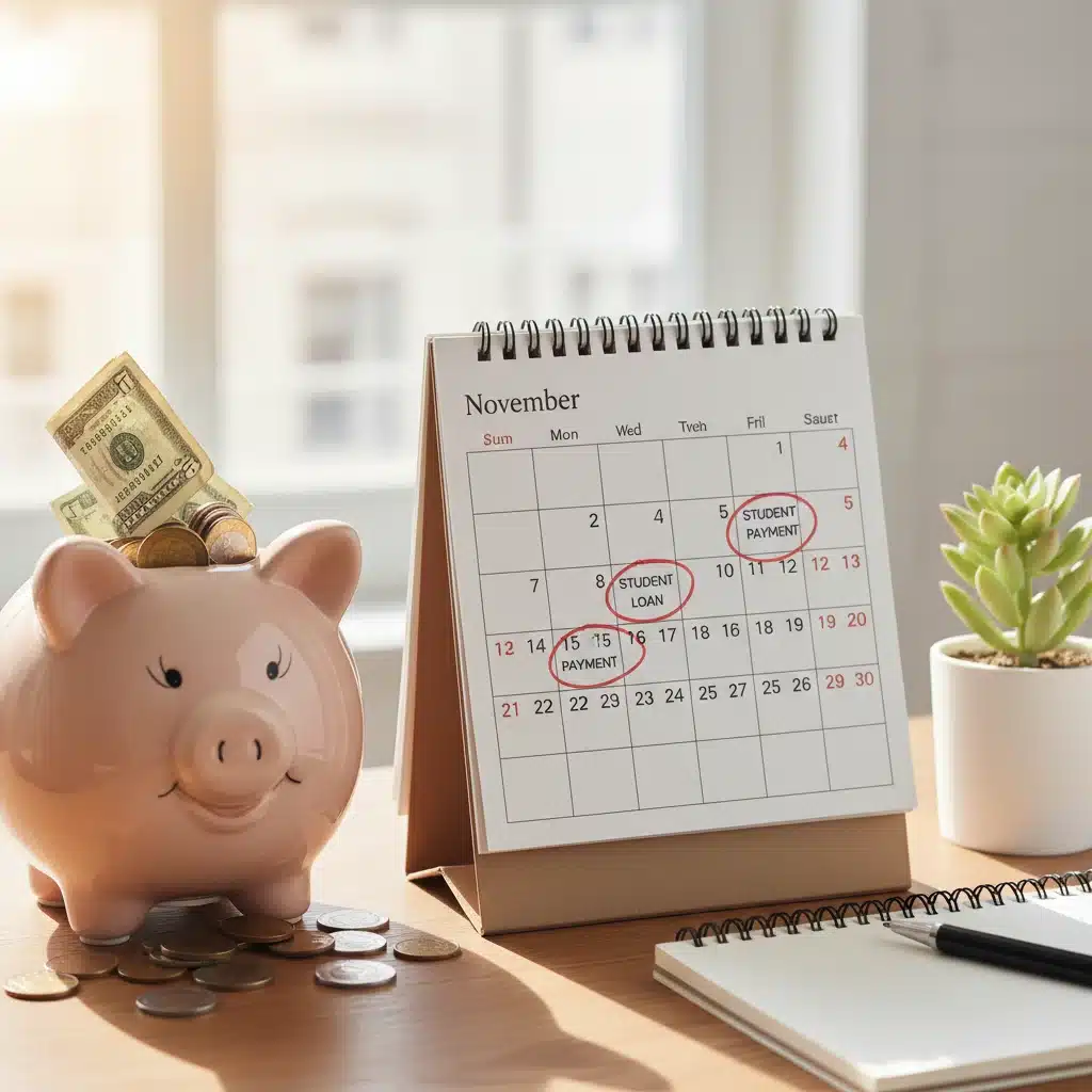 Calendar marking student loan payment dates and savings
